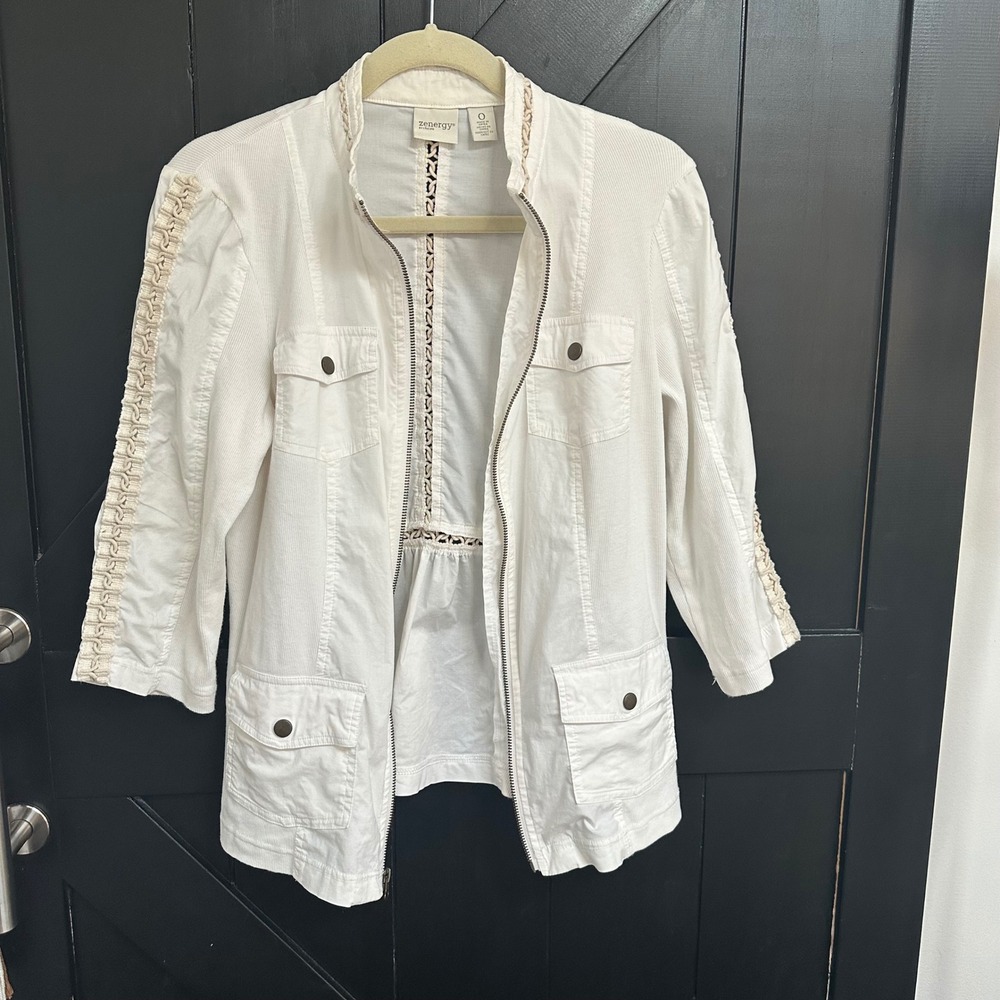 Zenergy by Chico's White Crochet Trim Ribbed Utility Zip Jacket Size 0 XS Boho